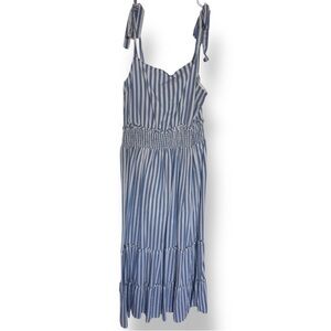 ENGLISH FACTORY Blue White Striped Smocked Maxi Dress Square Neck Size M